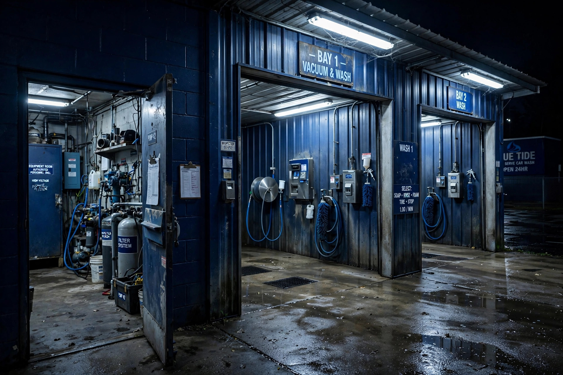 Empty self-serve wash bays under fluorescent lights at night